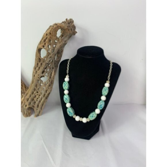 VINTAGE Ceramic and Glass Bead Necklace - Picture 1 of 8